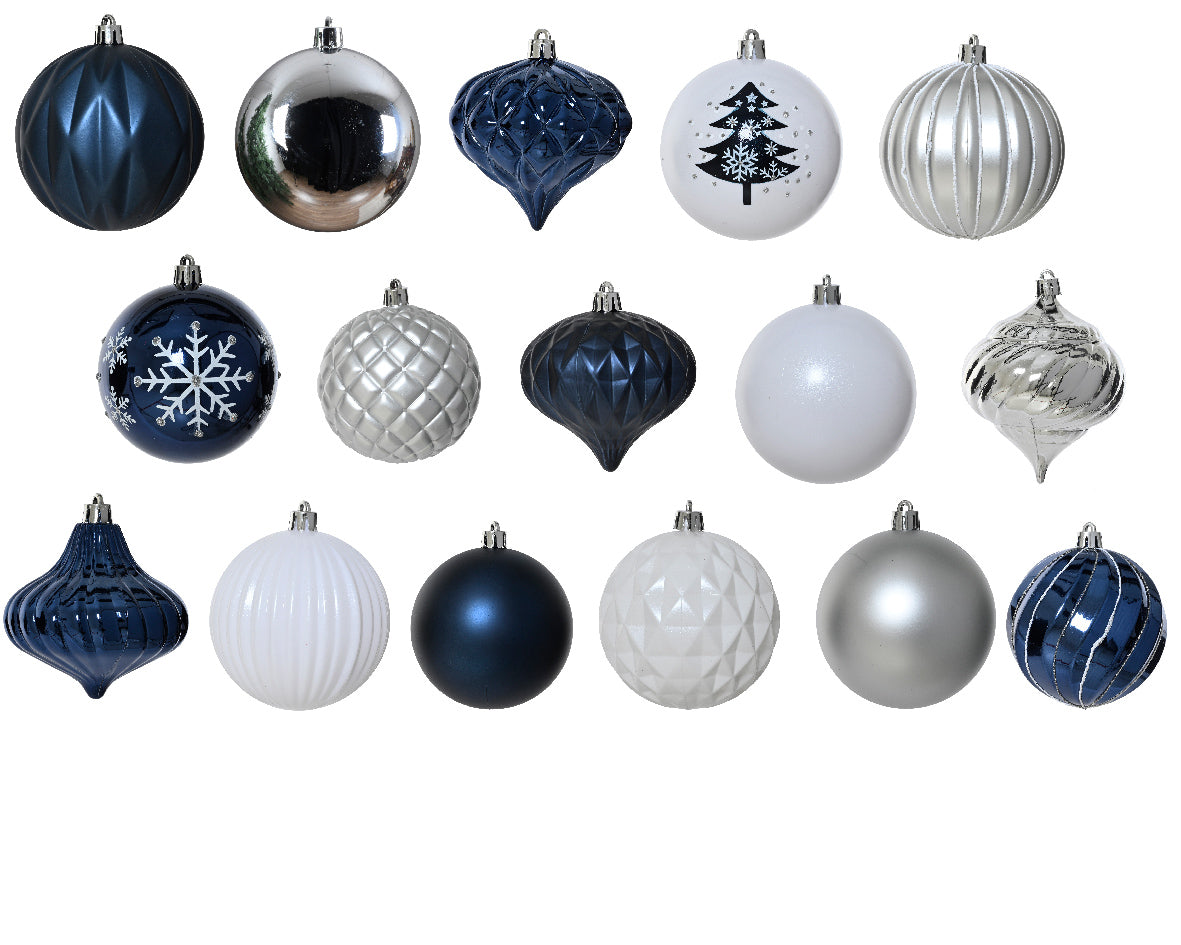 Decoris Shatterproof Baubles Shiny Matte Mix Tube 8cm 5ct White/Silver/Blue