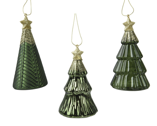 Cmas Tree Glass Green 3Asst