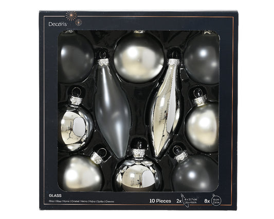 Decoris Glass Baub 10pc Silver