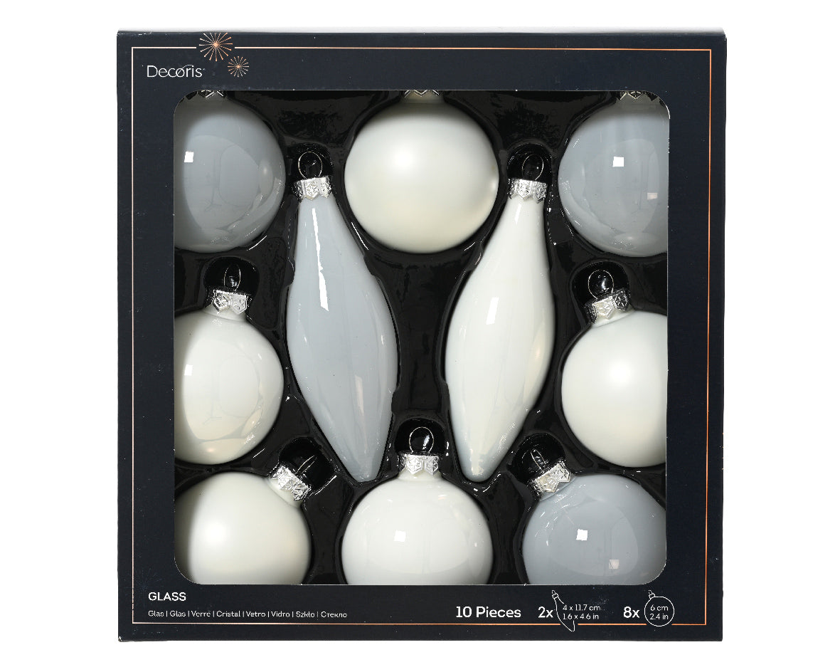 Decoris Glass Baub 10pc WntWht