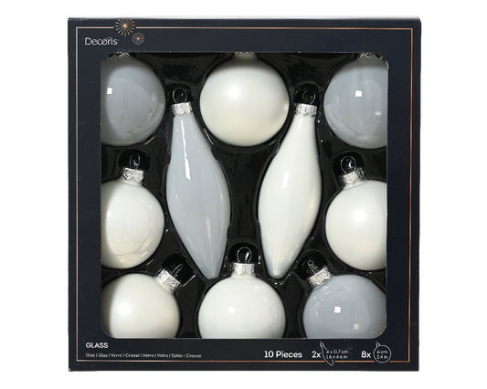 Decoris Glass Baub 10pc WntWht