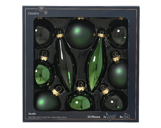 Decoris Glass Bauble 10pc Pn Grn