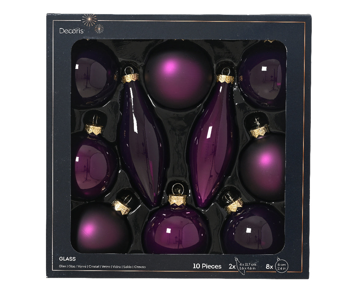 Decoris Glass Baub 10pc Purple
