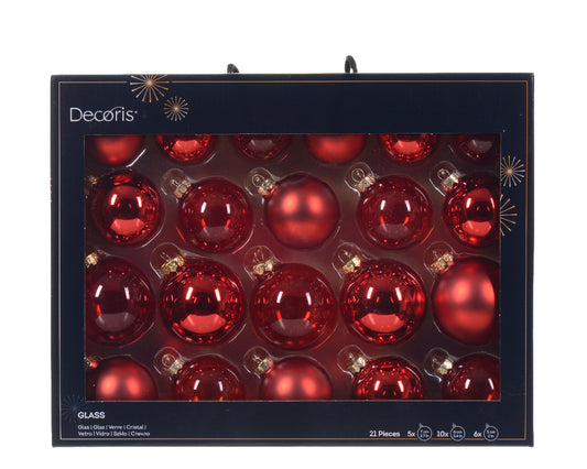 Decoris Glass Baub 21pc Cmas Red