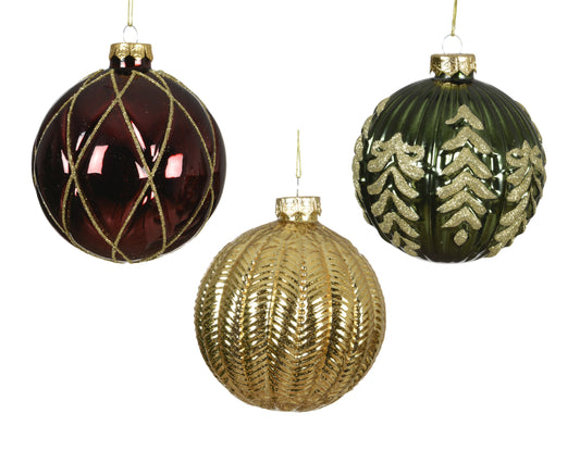 Baubles Glass 3Asst Burg/Gld/Grn 10cm