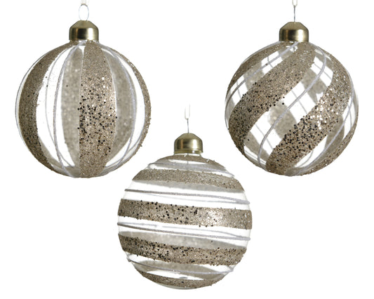 Glass Bauble wGlitter 3Asst 8Cm