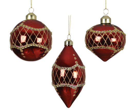 Glass Baubles wGld Sequins 3Asst Cmas Red