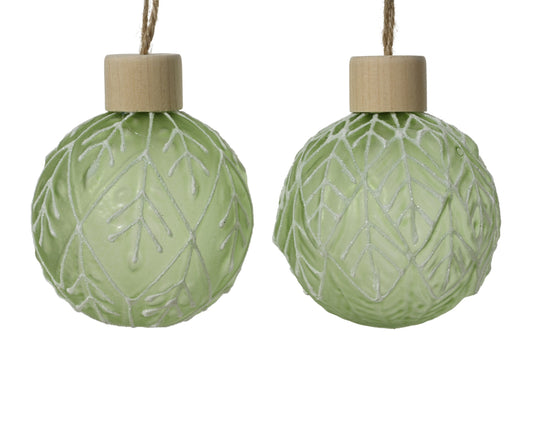 Emb Glass Baubles Asst Green 8Cm
