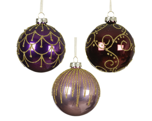 Glass Baubles wGlitter 3Asst 8Cm