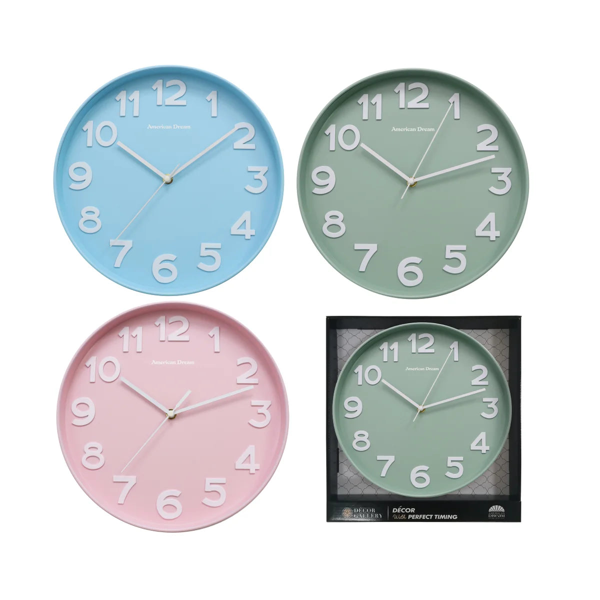 Raised Dial Rd Wall Clock 12in 3Asst Cols
