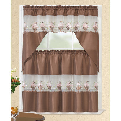 Kitchen Curtain Embroidered 3pc Set Asst