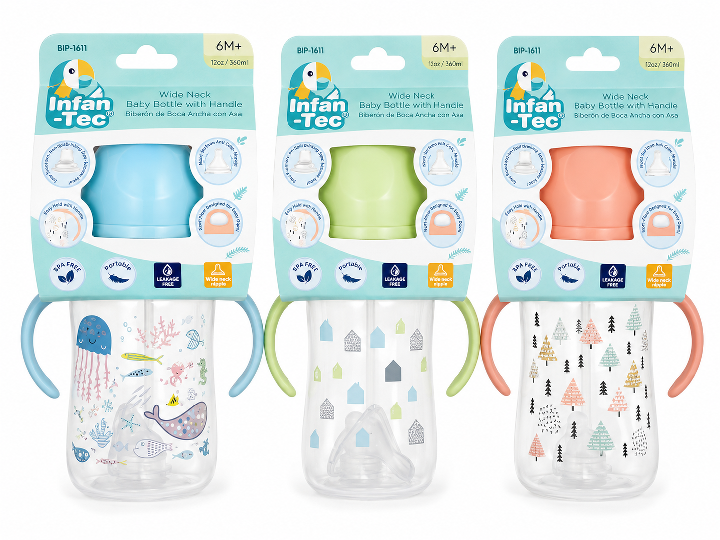 Wide Neck Bottle w Hndl and Nipple 6mPlus 12oz asst