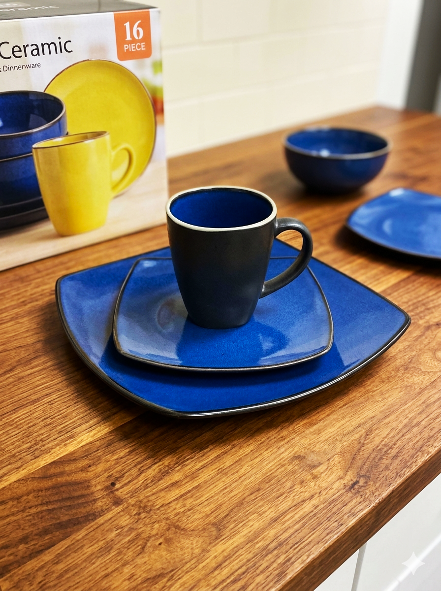 Dinnerware Set 16 Pc Blue/Black Square