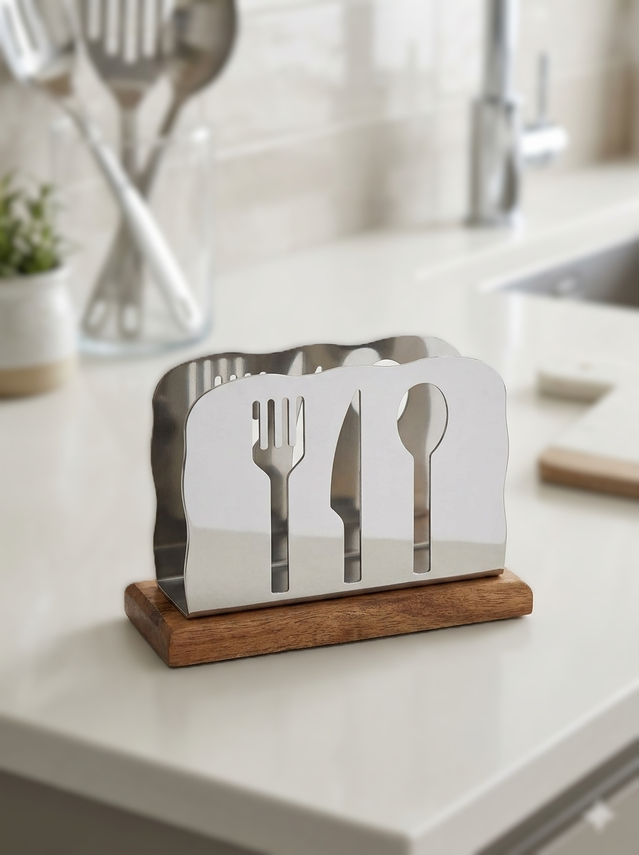 Metal Napkin Hldr Chrome w Bamboo