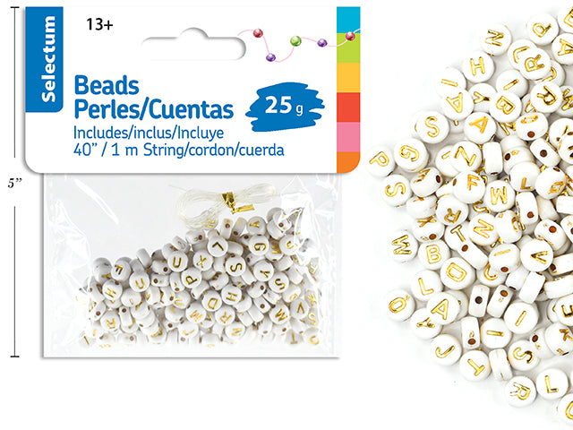 Letter Plastic Beads Wht w/Gold Font