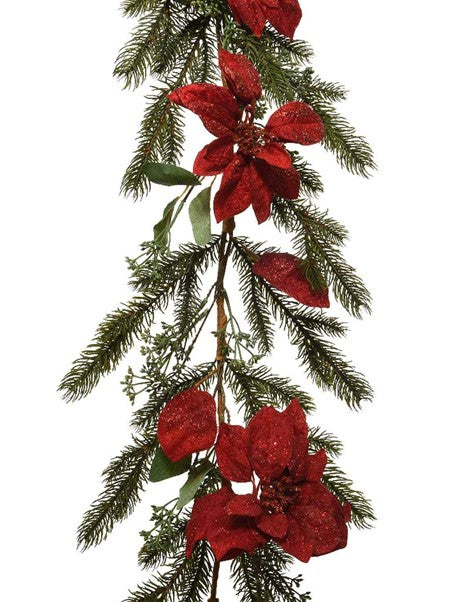 Red Poinsettia W Bay leaf Garland 6ft