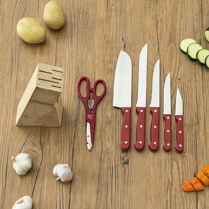 Cutlery Block Set Red w/Block 7pc