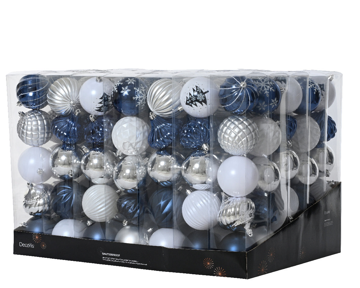 Decoris Shatterproof Baubles Shiny Matte Mix Tube 8cm 5ct White/Silver/Blue