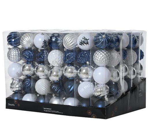 Decoris Shatterproof Baubles Shiny Matte Mix Tube 8cm 5ct White/Silver/Blue