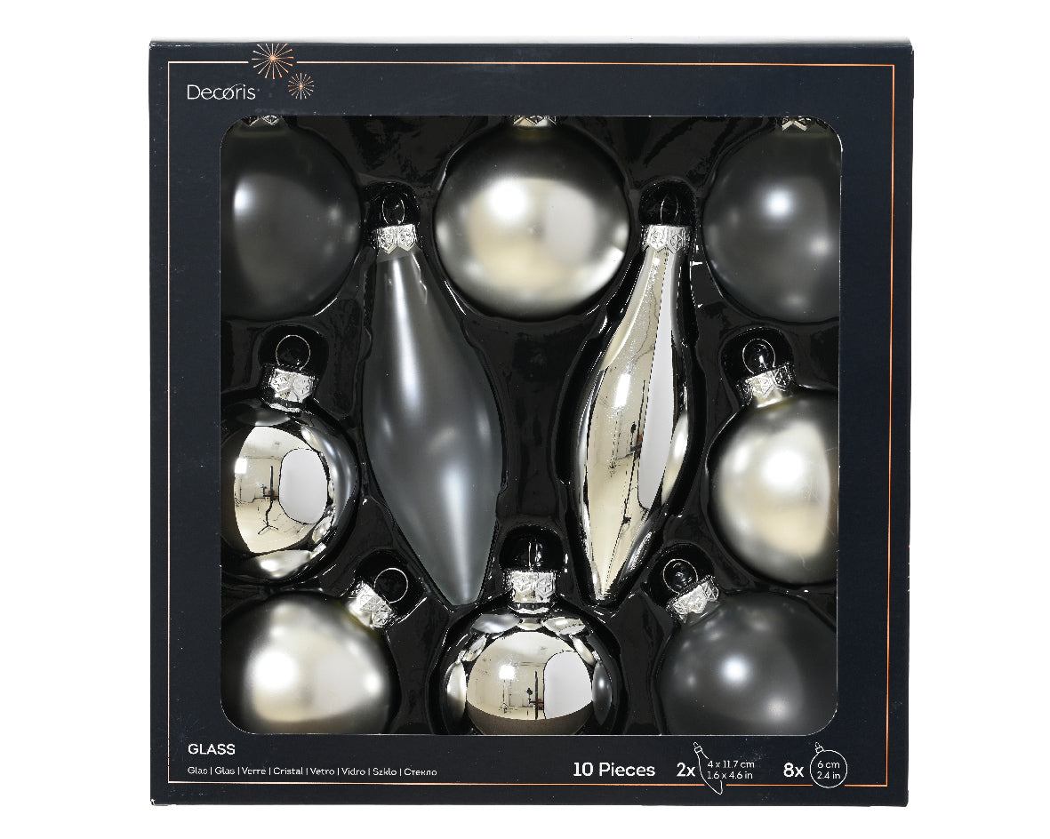 Decoris Glass Baub 10pc Silver