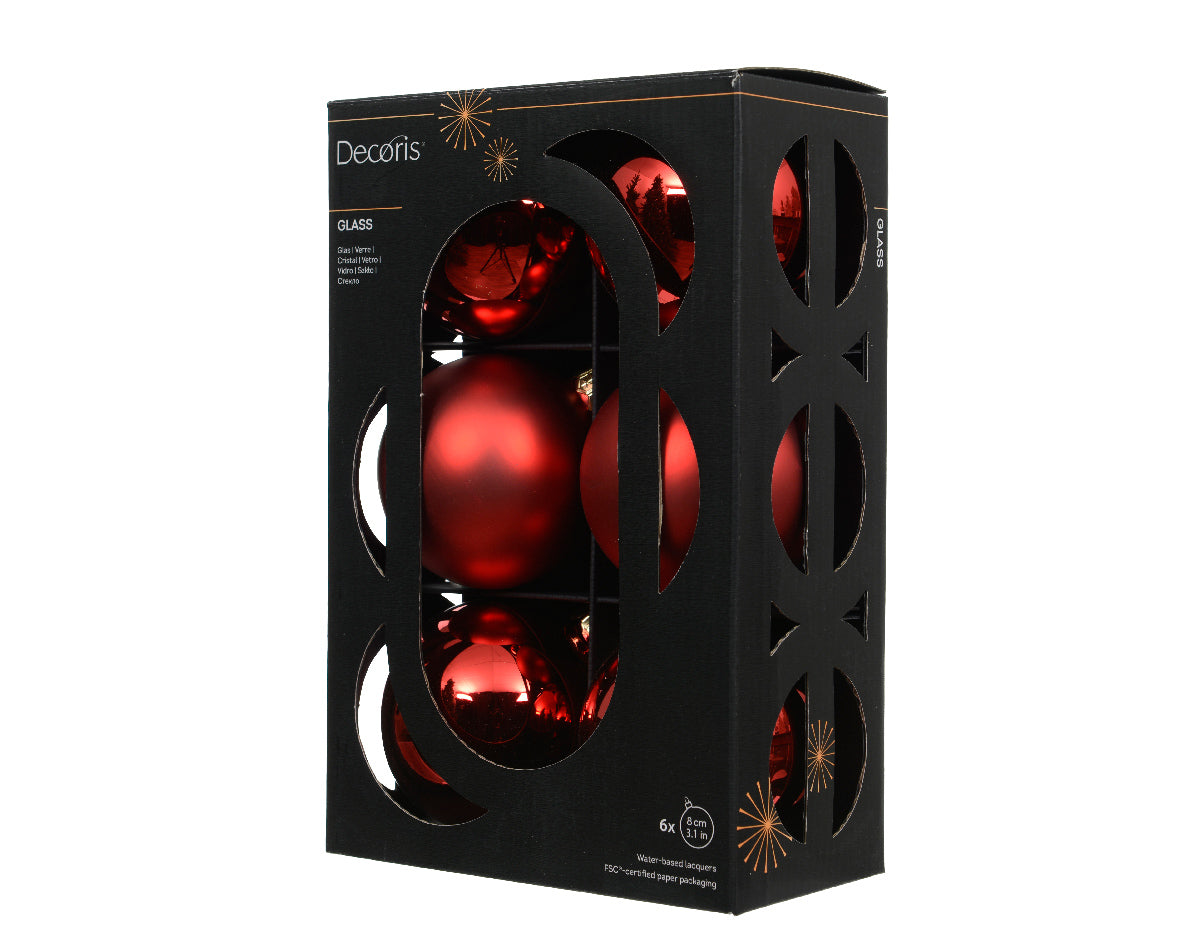 Decoris Glass Baub 6pc Cmas Red