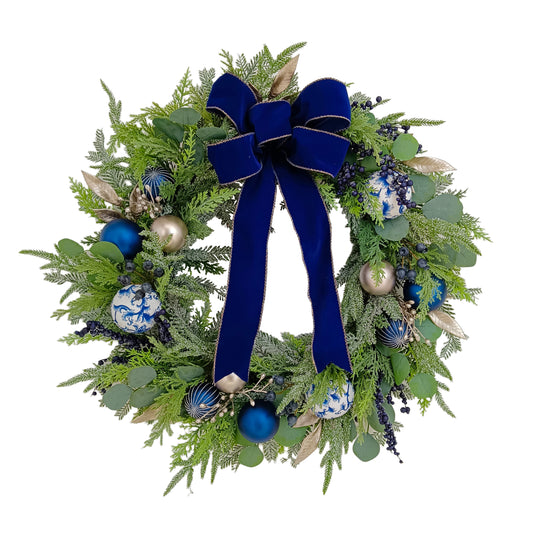 Wreath 26in Balls/Bow Blue