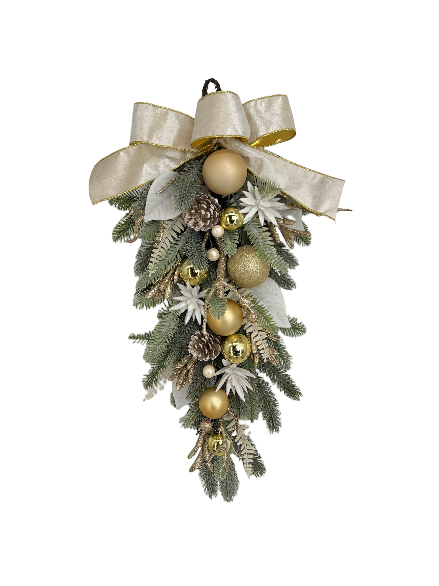 Swag 28in Grn Frst Ball/Bow Gold