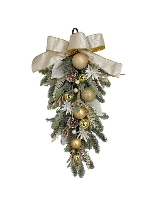 Swag 28in Grn Frst Ball/Bow Gold