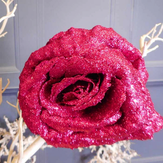 HB Glitter Rose on Clip Hot Pink 4in