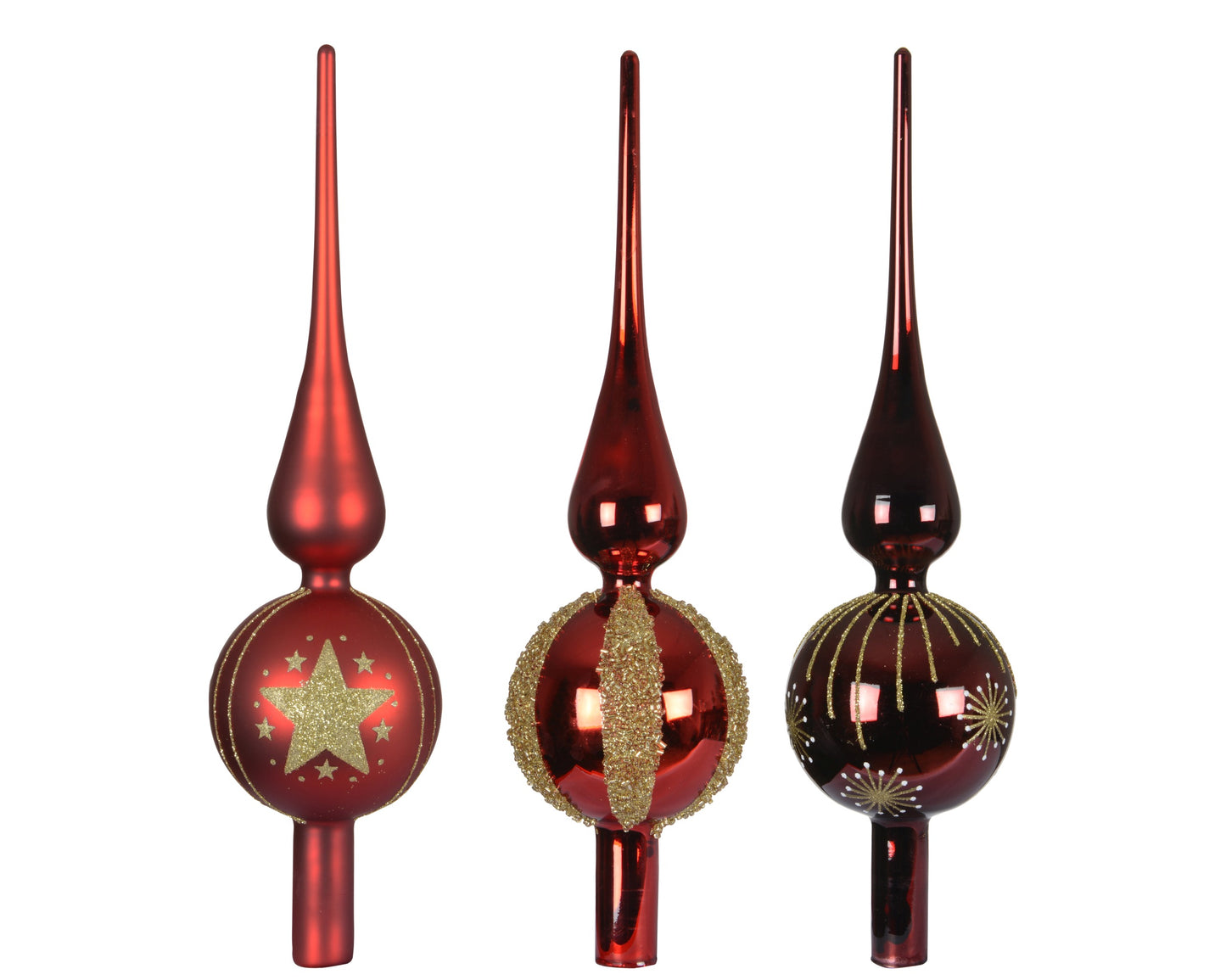 Glass Tree Topper wGld Sequins 3Asst Red