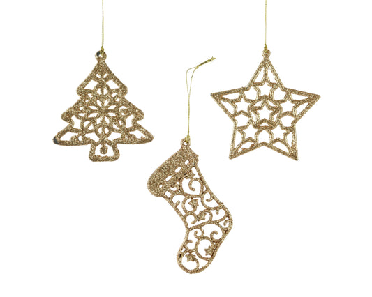 Glitter Hanging Ornament 3Asst Gold