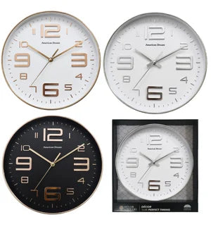 Round Wall Clock 12in 3Asst Cols