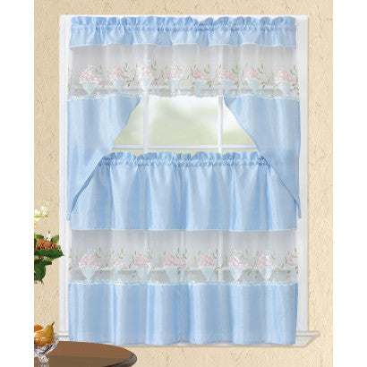 Kitchen Curtain Embroidered 3pc Set Asst