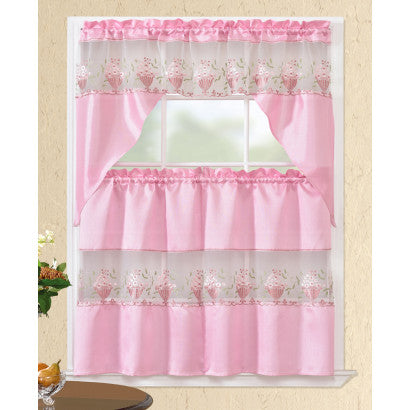Kitchen Curtain Embroidered 3pc Set Asst