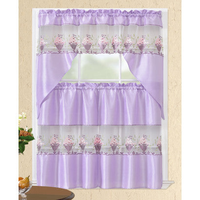 Kitchen Curtain Embroidered 3pc Set Asst