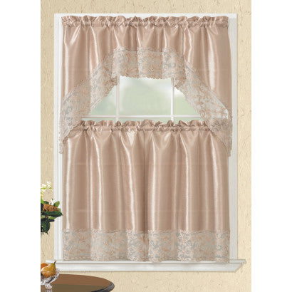 Kitchen Curtain Lace Bordered 3pc Set Asst