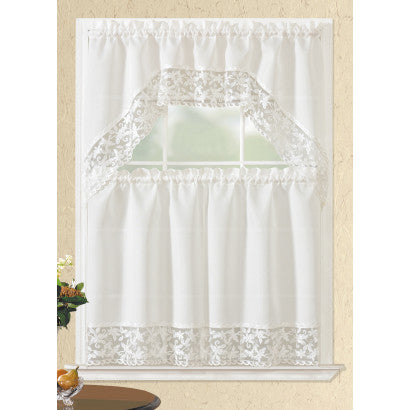 Kitchen Curtain Lace Bordered 3pc Set Asst