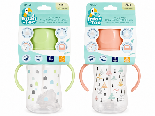 Wide Neck Bottle w Hndl and Nipple 6mPlus 12oz asst