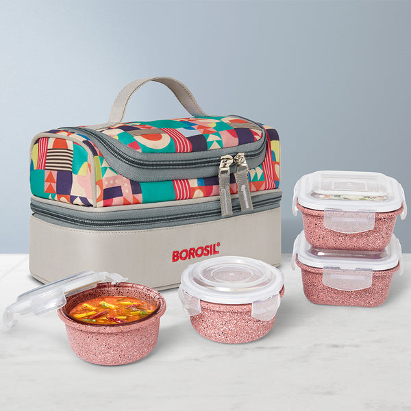 Tiffin Lunch Bag w/Glass Bowls Set Pink