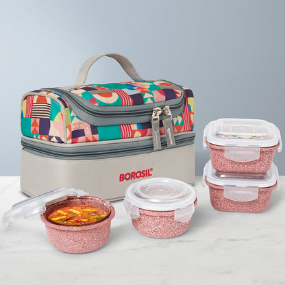 Tiffin Lunch Bag w/Glass Bowls Set Pink