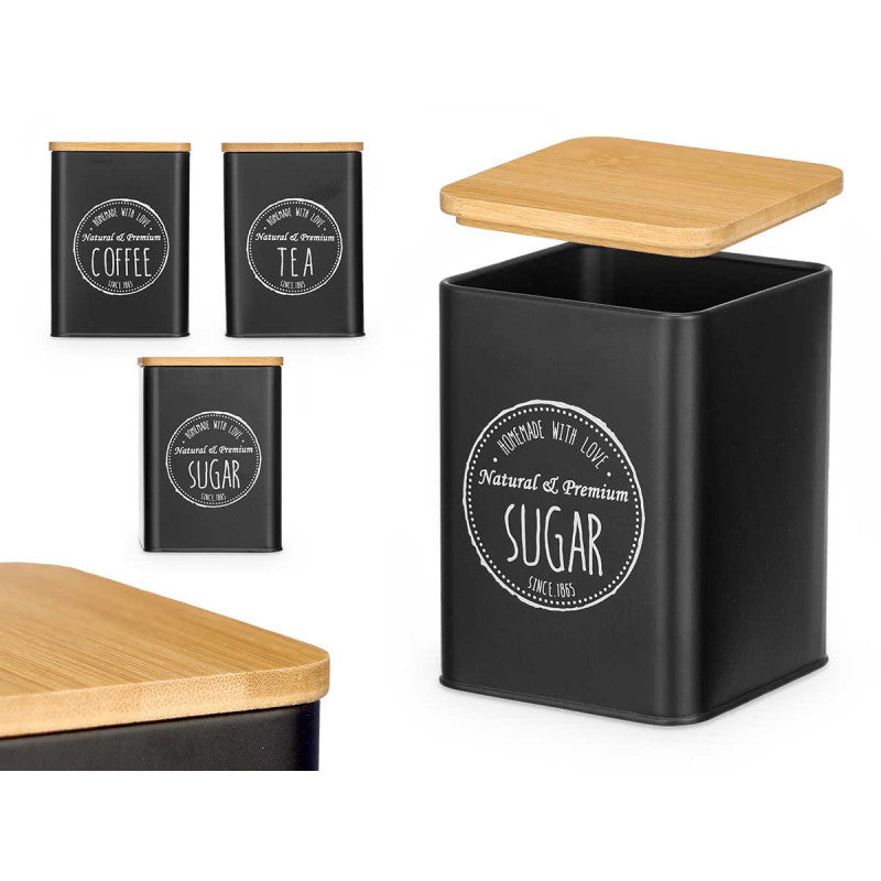 Canister metal w Bamboo Lid asst Blk