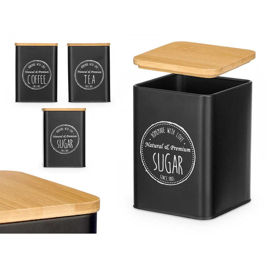 Canister metal w Bamboo Lid asst Blk