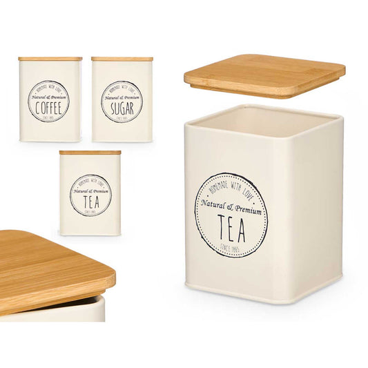 Canister metal w Bamboo Lid asst Crm