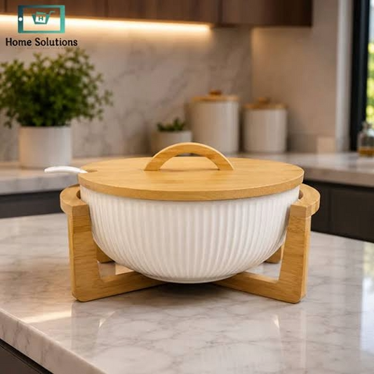 Ceramic Salad Bowl w/bamboo Stand