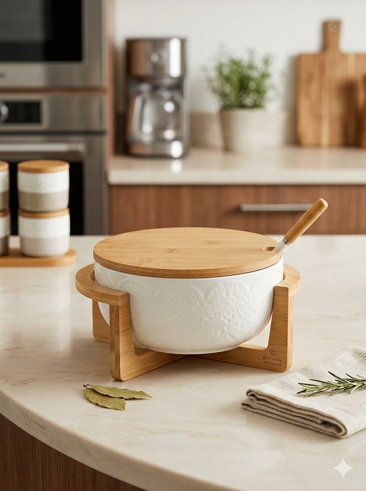 Ceramic Salad Bowl w/bamboo Stand