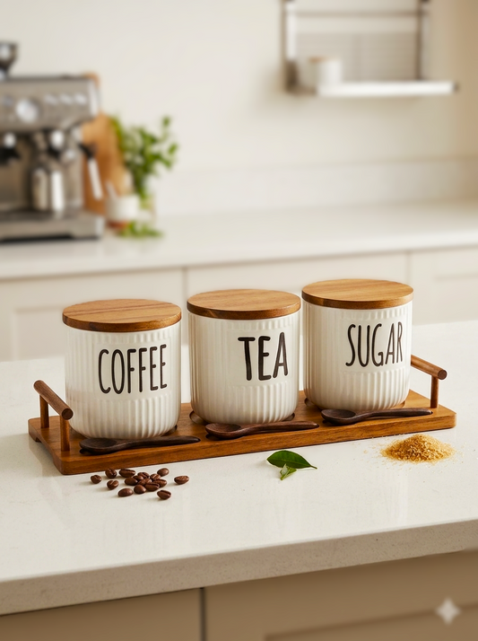 Ceramic Tea Jar Set 3pcs w Bamboo Tray