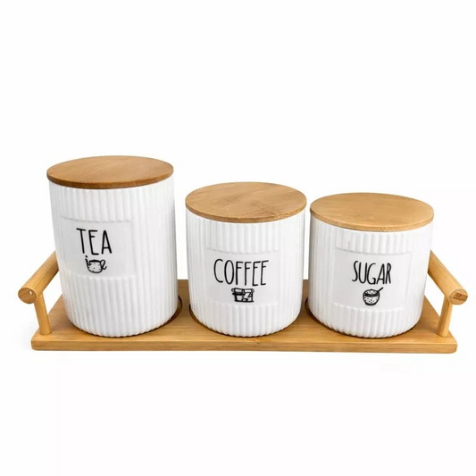 Ceramic Tea Jar Set 3pcs w Bamboo Tray Lrg
