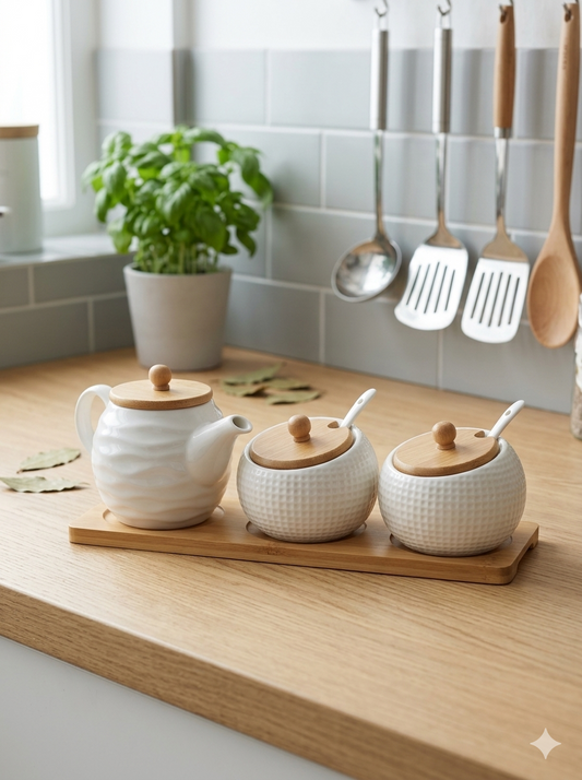 Ceramic Tea Jar Set 3pcs w Milk Pourer