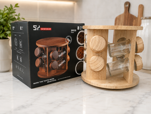 Bamboo Spice Rack 8pc set Glass