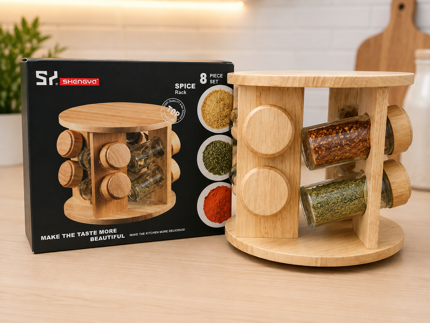 Bamboo Spice Rack 8pc set Glass
